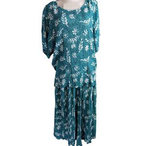 Large Vintage Dress Orvis Rayon Floral Print Teal Blouse & Skirt Set 1990s